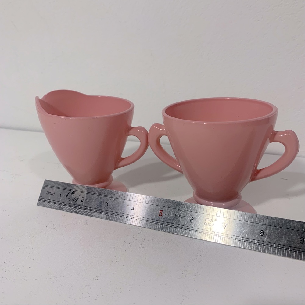 HAZEL-ATLAS Ovide Platonite Pink Cream & Sugar Set Vintage Pink Milk Glass - Picture 9 of 11